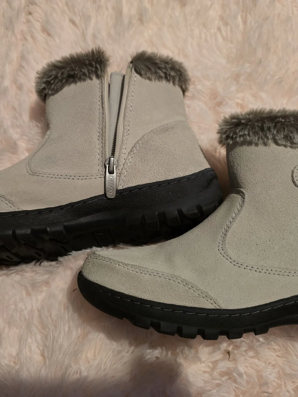 Khombu Light Taupe Faux-Suede Ankle Winter Boots with Faux-Fur Trim